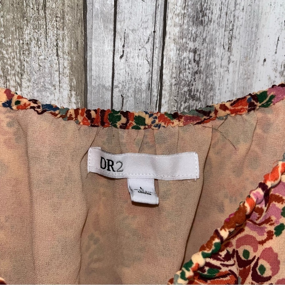 DR2 Floral Smocked Peasant Blouse Boho 3/4 Sleeve Orange Brown Large - Picture 7 of 7